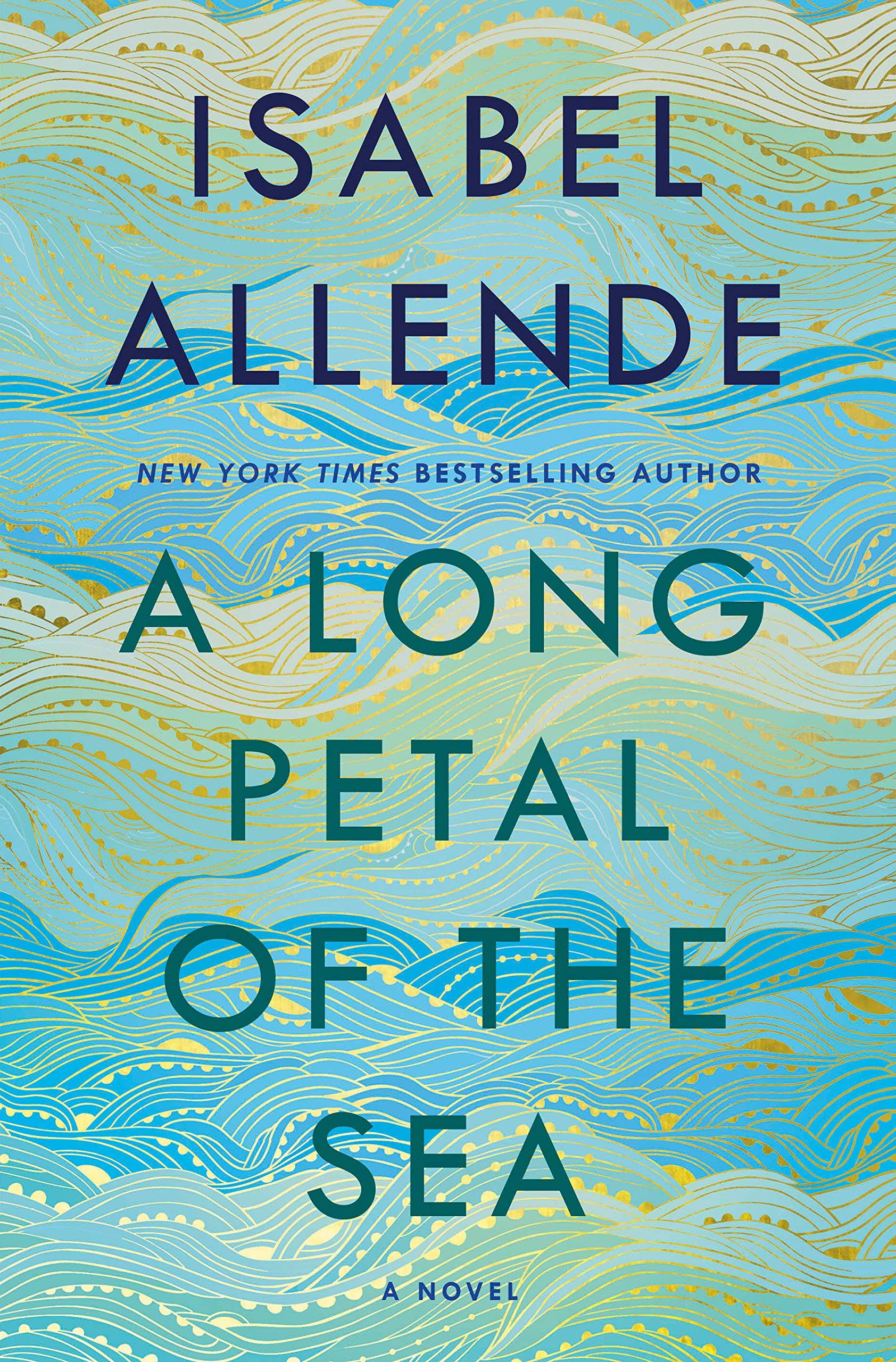 "a long petal of the sea" cover with the title text in front of various shades of blue and green illustrated waves.